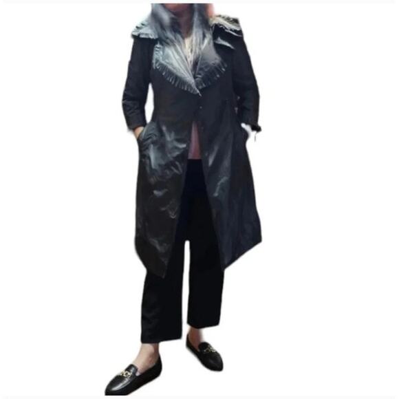 Burberry Vintage Trench Coat pleated/ ruffle trim collar Black Lightweight sz 42 - Picture 1 of 13